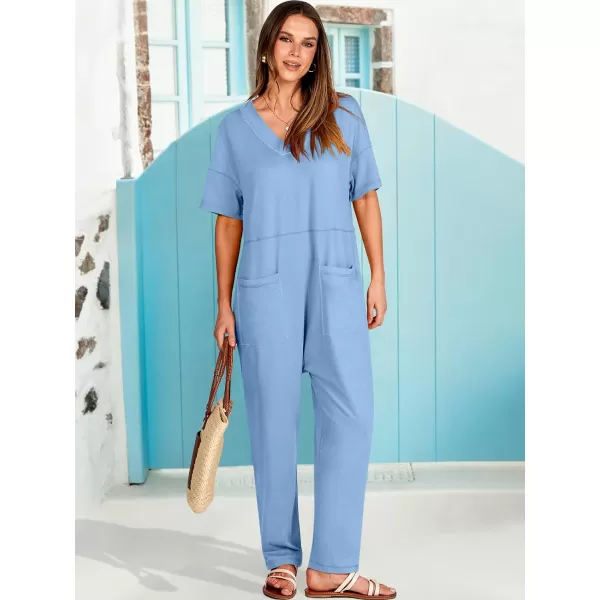 imageANRABESS Jumpsuits for Women 2024 Summer Casual Pajamas Short Sleeve V Neck Harem Pants Onesie Rompers with PocketsSky