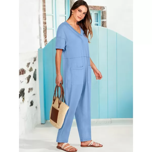 imageANRABESS Jumpsuits for Women 2024 Summer Casual Pajamas Short Sleeve V Neck Harem Pants Onesie Rompers with PocketsSky