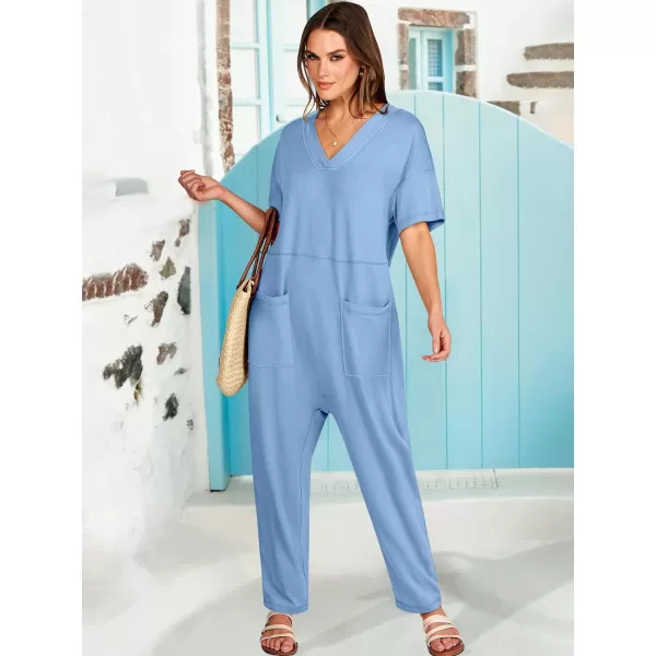 imageANRABESS Jumpsuits for Women 2024 Summer Casual Pajamas Short Sleeve V Neck Harem Pants Onesie Rompers with PocketsSky