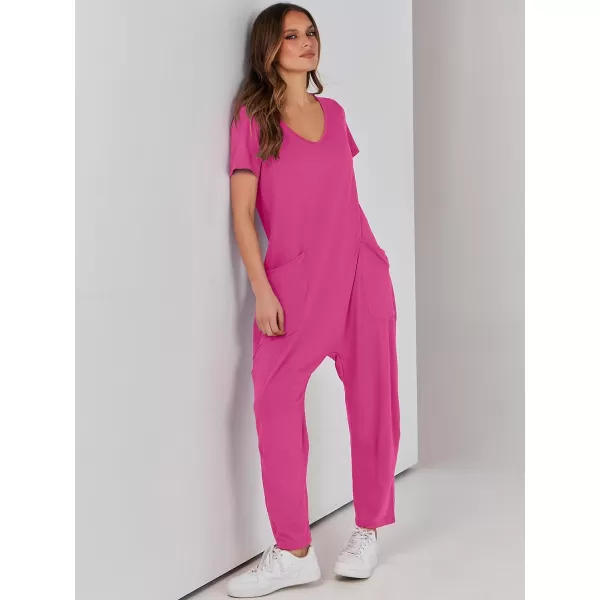 imageANRABESS Jumpsuits for Women Summer Short Sleeve Rompers 2024 Trendy Loose Casual Harem Long Pants Overalls JumpersHot Pink