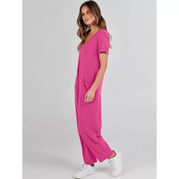 imageANRABESS Jumpsuits for Women Summer Short Sleeve Rompers 2024 Trendy Loose Casual Harem Long Pants Overalls JumpersHot Pink