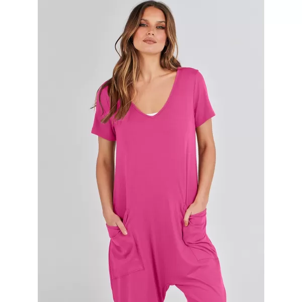 imageANRABESS Jumpsuits for Women Summer Short Sleeve Rompers 2024 Trendy Loose Casual Harem Long Pants Overalls JumpersHot Pink