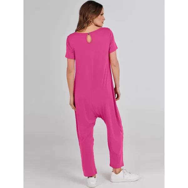 imageANRABESS Jumpsuits for Women Summer Short Sleeve Rompers 2024 Trendy Loose Casual Harem Long Pants Overalls JumpersHot Pink
