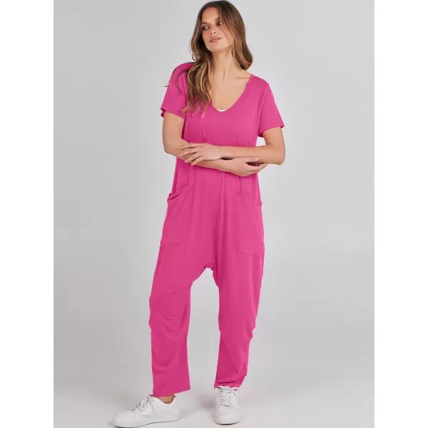 imageANRABESS Jumpsuits for Women Summer Short Sleeve Rompers 2024 Trendy Loose Casual Harem Long Pants Overalls JumpersHot Pink