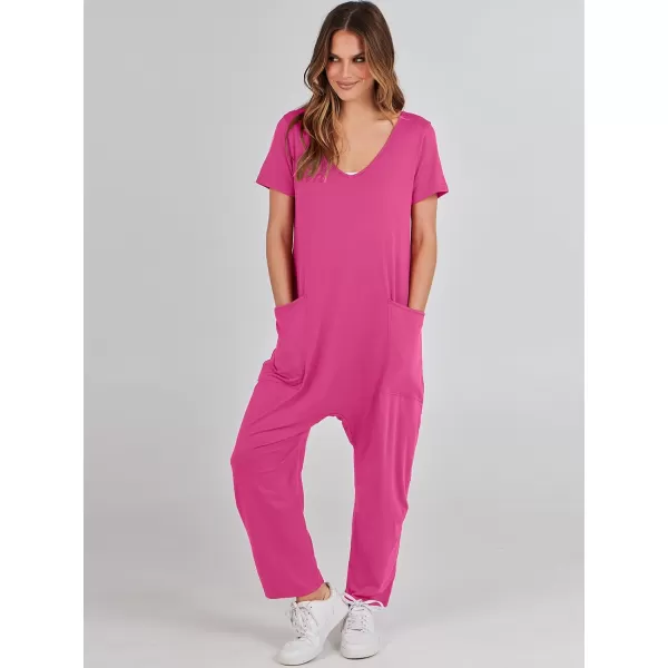 imageANRABESS Jumpsuits for Women Summer Short Sleeve Rompers 2024 Trendy Loose Casual Harem Long Pants Overalls JumpersHot Pink