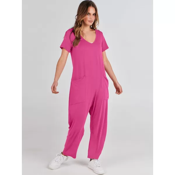 imageANRABESS Jumpsuits for Women Summer Short Sleeve Rompers 2024 Trendy Loose Casual Harem Long Pants Overalls JumpersHot Pink