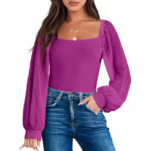imageANRABESS Long Sleeve Bodysuit for Women Swiss Dot Sleeve Off shoulder Square Neck Slim Fit Leotard Dressy Romper JumpsuitHot Pink