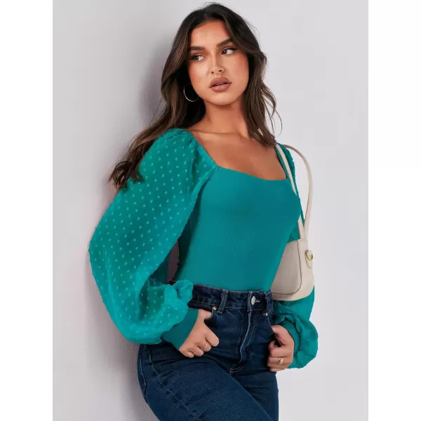 imageANRABESS Long Sleeve Bodysuit for Women Swiss Dot Sleeve Off shoulder Square Neck Slim Fit Leotard Dressy Romper JumpsuitLake Green