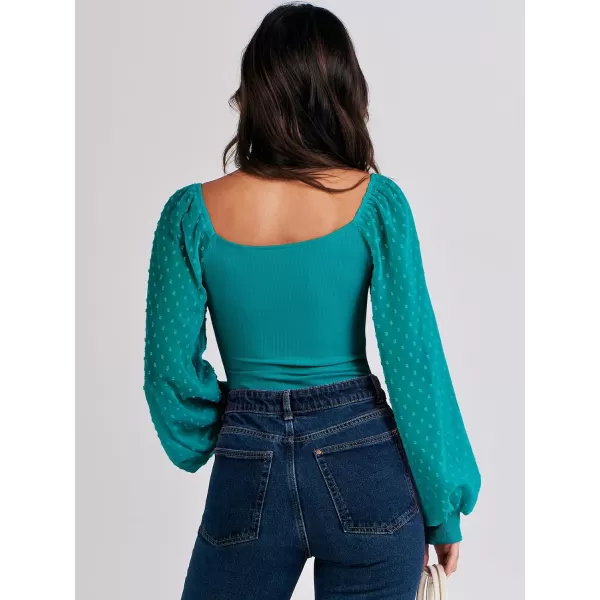 imageANRABESS Long Sleeve Bodysuit for Women Swiss Dot Sleeve Off shoulder Square Neck Slim Fit Leotard Dressy Romper JumpsuitLake Green