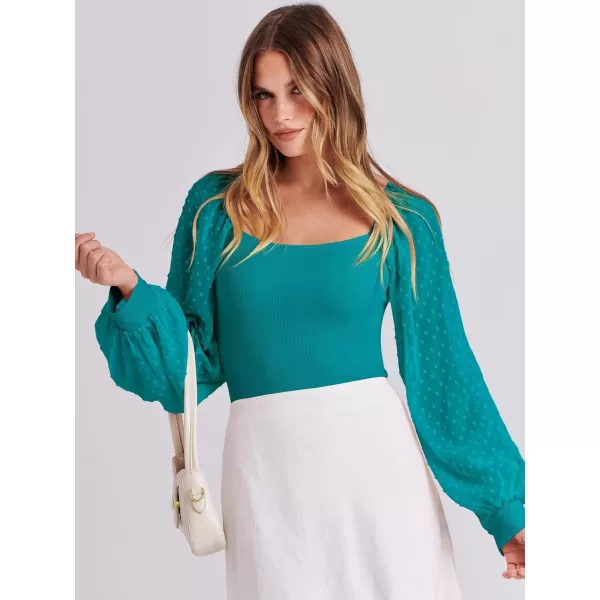 imageANRABESS Long Sleeve Bodysuit for Women Swiss Dot Sleeve Off shoulder Square Neck Slim Fit Leotard Dressy Romper JumpsuitLake Green