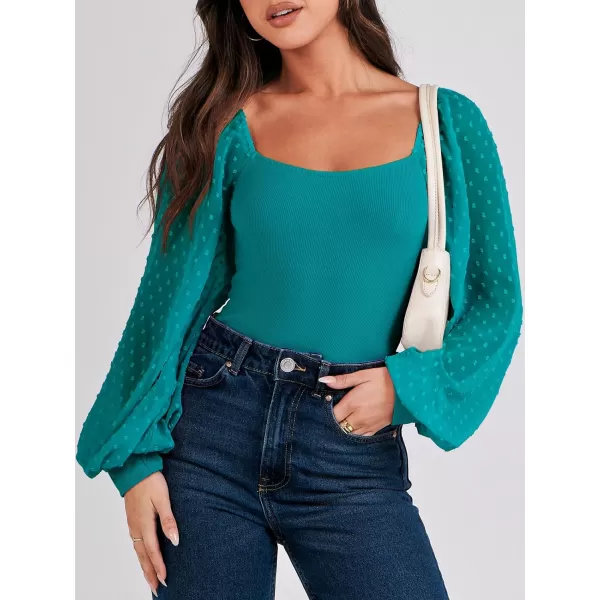 imageANRABESS Long Sleeve Bodysuit for Women Swiss Dot Sleeve Off shoulder Square Neck Slim Fit Leotard Dressy Romper JumpsuitLake Green