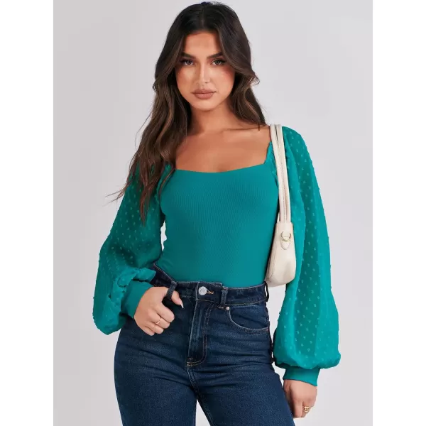 imageANRABESS Long Sleeve Bodysuit for Women Swiss Dot Sleeve Off shoulder Square Neck Slim Fit Leotard Dressy Romper JumpsuitLake Green