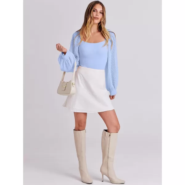 imageANRABESS Long Sleeve Bodysuit for Women Swiss Dot Sleeve Off shoulder Square Neck Slim Fit Leotard Dressy Romper JumpsuitLight Blue