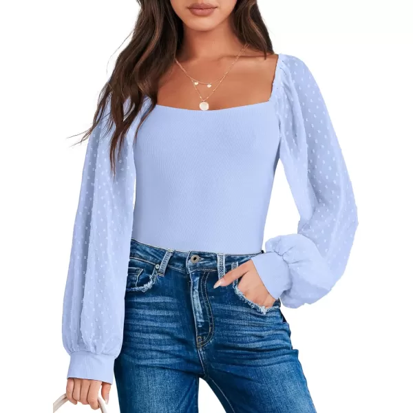 imageANRABESS Long Sleeve Bodysuit for Women Swiss Dot Sleeve Off shoulder Square Neck Slim Fit Leotard Dressy Romper JumpsuitLight Blue
