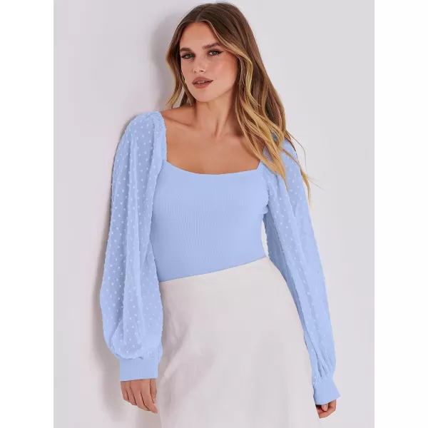 imageANRABESS Long Sleeve Bodysuit for Women Swiss Dot Sleeve Off shoulder Square Neck Slim Fit Leotard Dressy Romper JumpsuitLight Blue