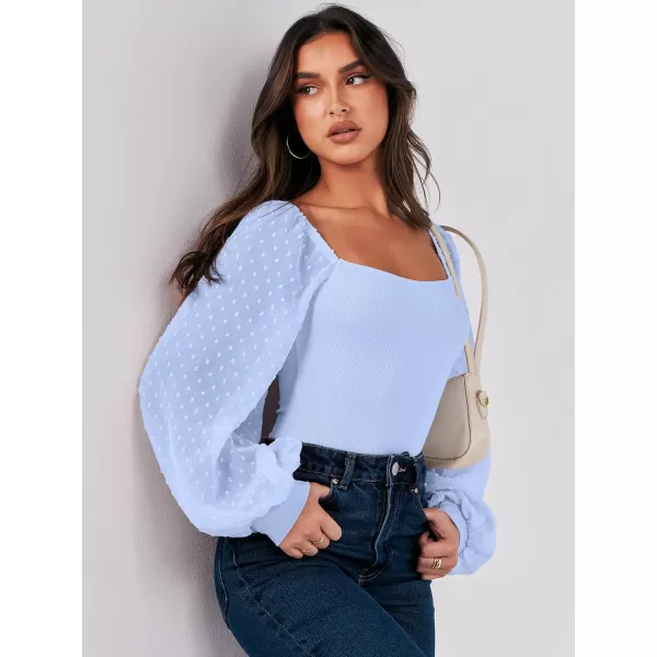 imageANRABESS Long Sleeve Bodysuit for Women Swiss Dot Sleeve Off shoulder Square Neck Slim Fit Leotard Dressy Romper JumpsuitLight Blue