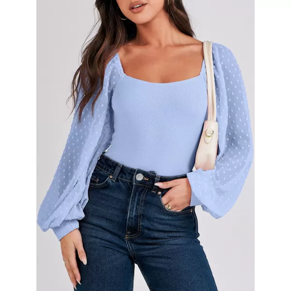 imageANRABESS Long Sleeve Bodysuit for Women Swiss Dot Sleeve Off shoulder Square Neck Slim Fit Leotard Dressy Romper JumpsuitLight Blue
