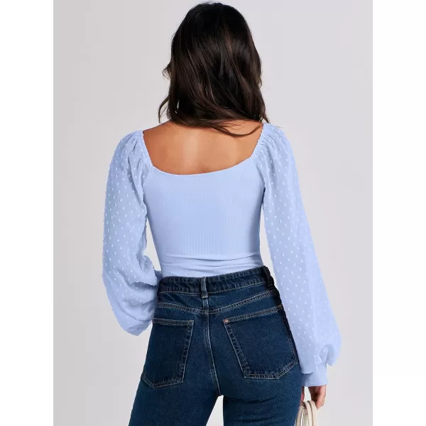 imageANRABESS Long Sleeve Bodysuit for Women Swiss Dot Sleeve Off shoulder Square Neck Slim Fit Leotard Dressy Romper JumpsuitLight Blue