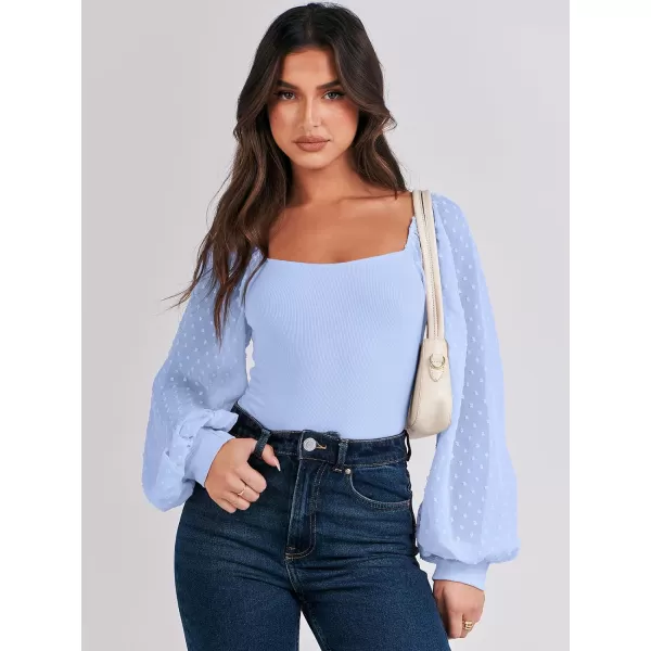 imageANRABESS Long Sleeve Bodysuit for Women Swiss Dot Sleeve Off shoulder Square Neck Slim Fit Leotard Dressy Romper JumpsuitLight Blue