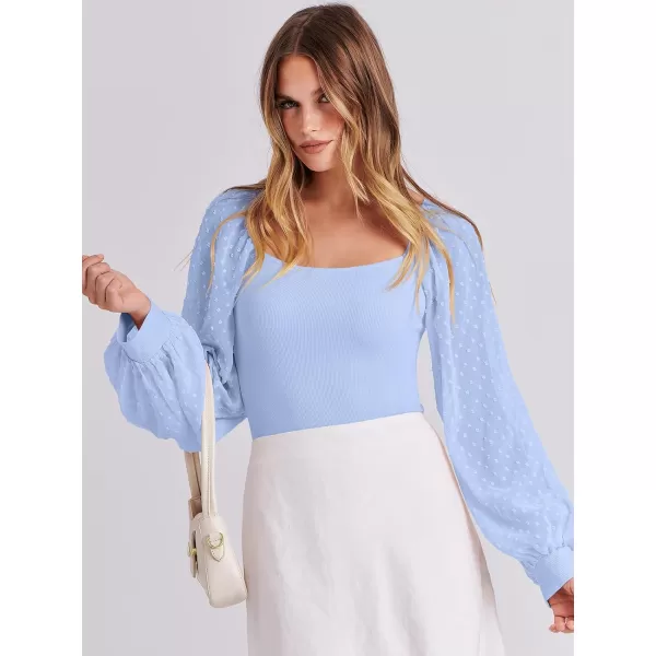 imageANRABESS Long Sleeve Bodysuit for Women Swiss Dot Sleeve Off shoulder Square Neck Slim Fit Leotard Dressy Romper JumpsuitLight Blue