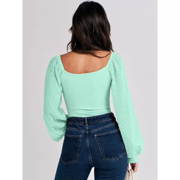 imageANRABESS Long Sleeve Bodysuit for Women Swiss Dot Sleeve Off shoulder Square Neck Slim Fit Leotard Dressy Romper JumpsuitLight Green
