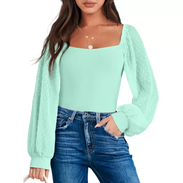 imageANRABESS Long Sleeve Bodysuit for Women Swiss Dot Sleeve Off shoulder Square Neck Slim Fit Leotard Dressy Romper JumpsuitLight Green