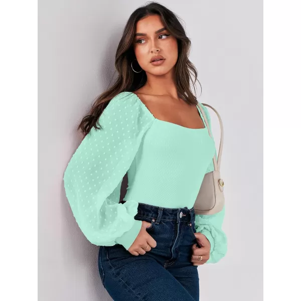 imageANRABESS Long Sleeve Bodysuit for Women Swiss Dot Sleeve Off shoulder Square Neck Slim Fit Leotard Dressy Romper JumpsuitLight Green