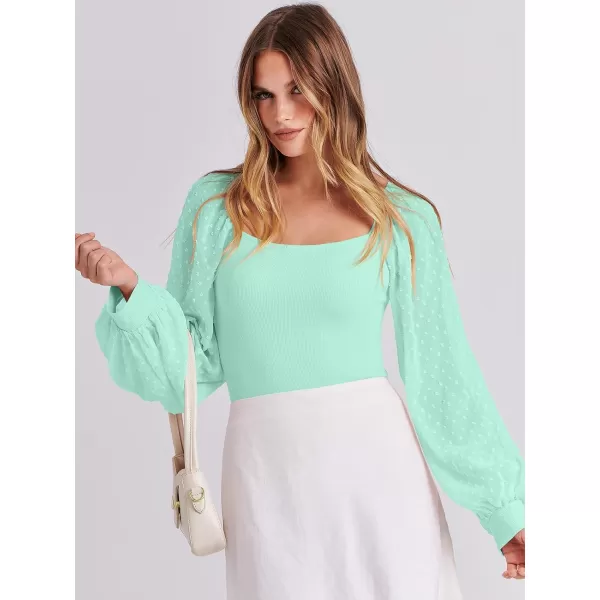 imageANRABESS Long Sleeve Bodysuit for Women Swiss Dot Sleeve Off shoulder Square Neck Slim Fit Leotard Dressy Romper JumpsuitLight Green