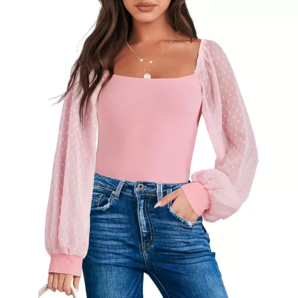 imageANRABESS Long Sleeve Bodysuit for Women Swiss Dot Sleeve Off shoulder Square Neck Slim Fit Leotard Dressy Romper JumpsuitPink