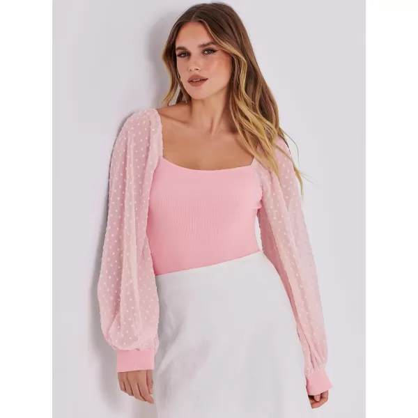 imageANRABESS Long Sleeve Bodysuit for Women Swiss Dot Sleeve Off shoulder Square Neck Slim Fit Leotard Dressy Romper JumpsuitPink