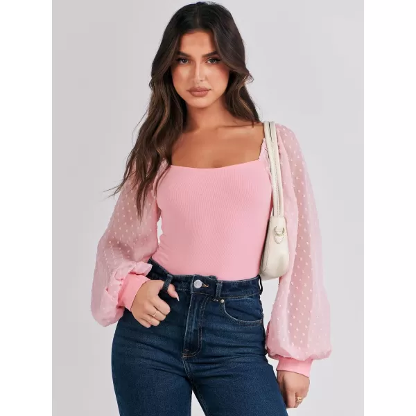 imageANRABESS Long Sleeve Bodysuit for Women Swiss Dot Sleeve Off shoulder Square Neck Slim Fit Leotard Dressy Romper JumpsuitPink