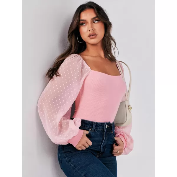 imageANRABESS Long Sleeve Bodysuit for Women Swiss Dot Sleeve Off shoulder Square Neck Slim Fit Leotard Dressy Romper JumpsuitPink