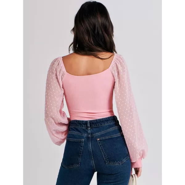 imageANRABESS Long Sleeve Bodysuit for Women Swiss Dot Sleeve Off shoulder Square Neck Slim Fit Leotard Dressy Romper JumpsuitPink