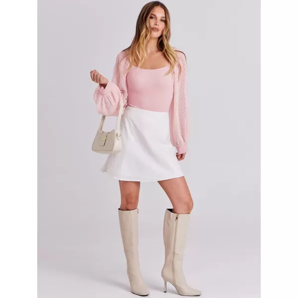 imageANRABESS Long Sleeve Bodysuit for Women Swiss Dot Sleeve Off shoulder Square Neck Slim Fit Leotard Dressy Romper JumpsuitPink