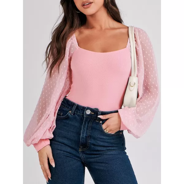 imageANRABESS Long Sleeve Bodysuit for Women Swiss Dot Sleeve Off shoulder Square Neck Slim Fit Leotard Dressy Romper JumpsuitPink