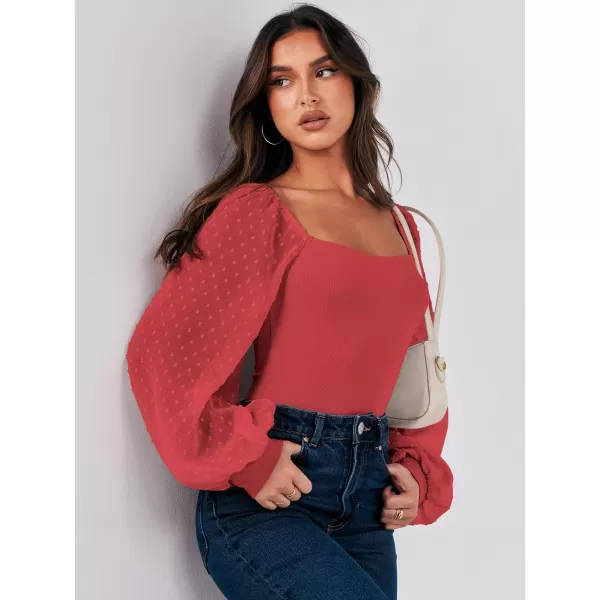 imageANRABESS Long Sleeve Bodysuit for Women Swiss Dot Sleeve Off shoulder Square Neck Slim Fit Leotard Dressy Romper JumpsuitRed