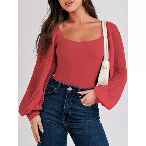imageANRABESS Long Sleeve Bodysuit for Women Swiss Dot Sleeve Off shoulder Square Neck Slim Fit Leotard Dressy Romper JumpsuitRed