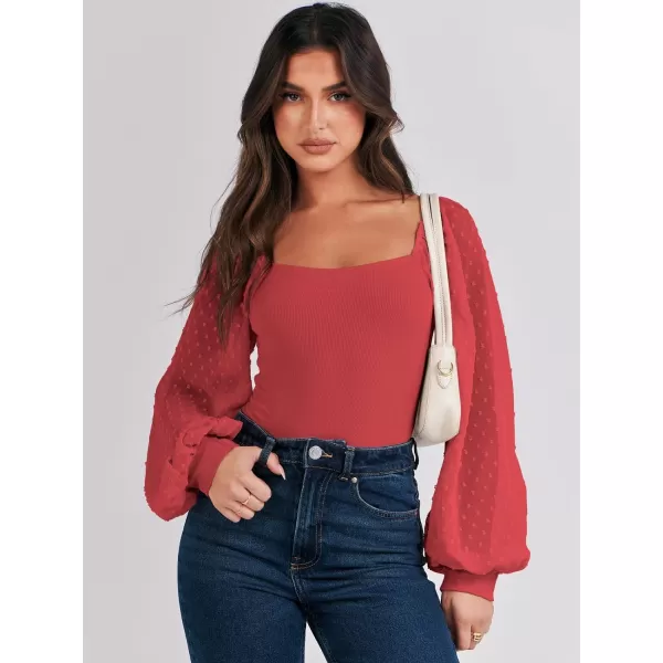 imageANRABESS Long Sleeve Bodysuit for Women Swiss Dot Sleeve Off shoulder Square Neck Slim Fit Leotard Dressy Romper JumpsuitRed