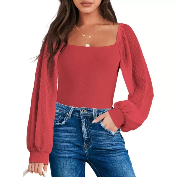 imageANRABESS Long Sleeve Bodysuit for Women Swiss Dot Sleeve Off shoulder Square Neck Slim Fit Leotard Dressy Romper JumpsuitRed