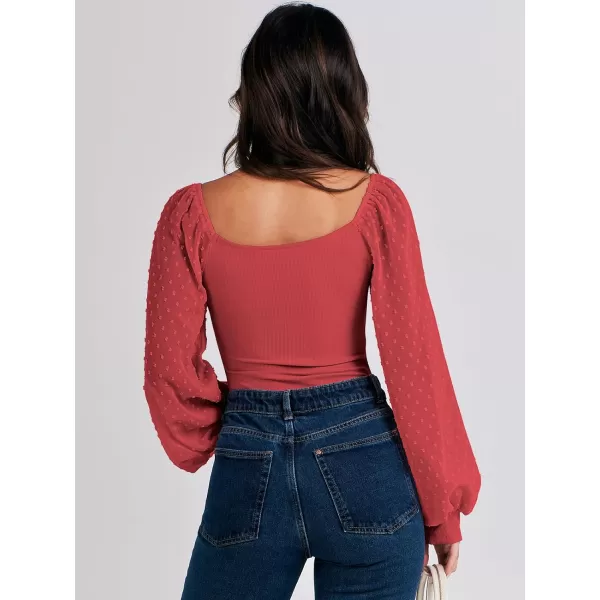 imageANRABESS Long Sleeve Bodysuit for Women Swiss Dot Sleeve Off shoulder Square Neck Slim Fit Leotard Dressy Romper JumpsuitRed