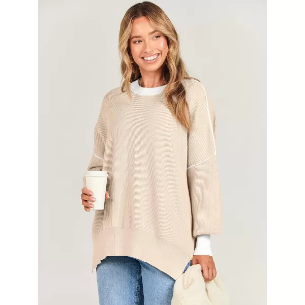 imageANRABESS Oversized Sweaters for Women Fall 2023 Crewneck Batwing Long Sleeve Side Slit Knit Pullover Sweater Tops JumperBeige