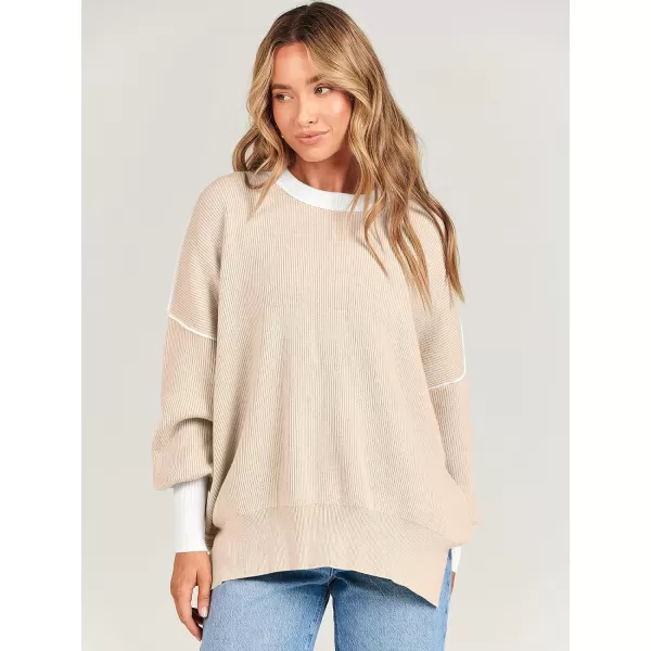 imageANRABESS Oversized Sweaters for Women Fall 2023 Crewneck Batwing Long Sleeve Side Slit Knit Pullover Sweater Tops JumperBeige