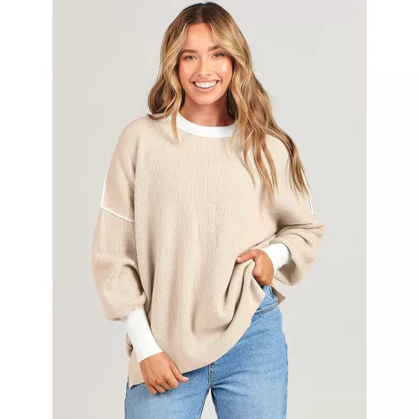 imageANRABESS Oversized Sweaters for Women Fall 2023 Crewneck Batwing Long Sleeve Side Slit Knit Pullover Sweater Tops JumperBeige
