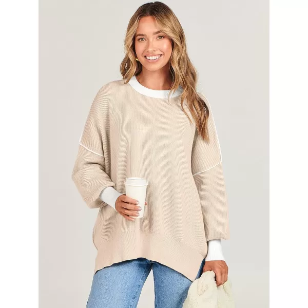imageANRABESS Oversized Sweaters for Women Fall 2023 Crewneck Batwing Long Sleeve Side Slit Knit Pullover Sweater Tops JumperBeige