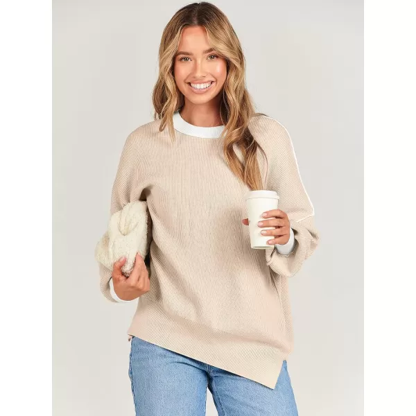 imageANRABESS Oversized Sweaters for Women Fall 2023 Crewneck Batwing Long Sleeve Side Slit Knit Pullover Sweater Tops JumperBeige