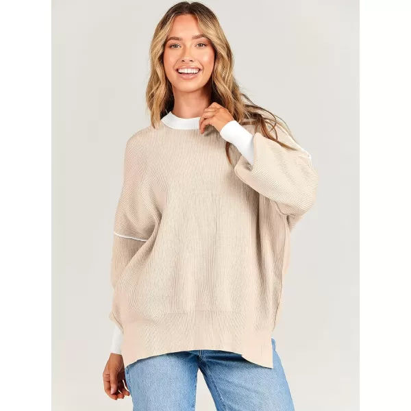 imageANRABESS Oversized Sweaters for Women Fall 2023 Crewneck Batwing Long Sleeve Side Slit Knit Pullover Sweater Tops JumperBeige