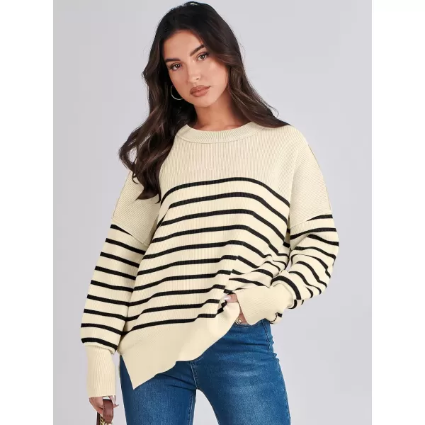imageANRABESS Oversized Sweaters for Women Fall 2023 Crewneck Batwing Long Sleeve Side Slit Knit Pullover Sweater Tops JumperBeige Stripe Black