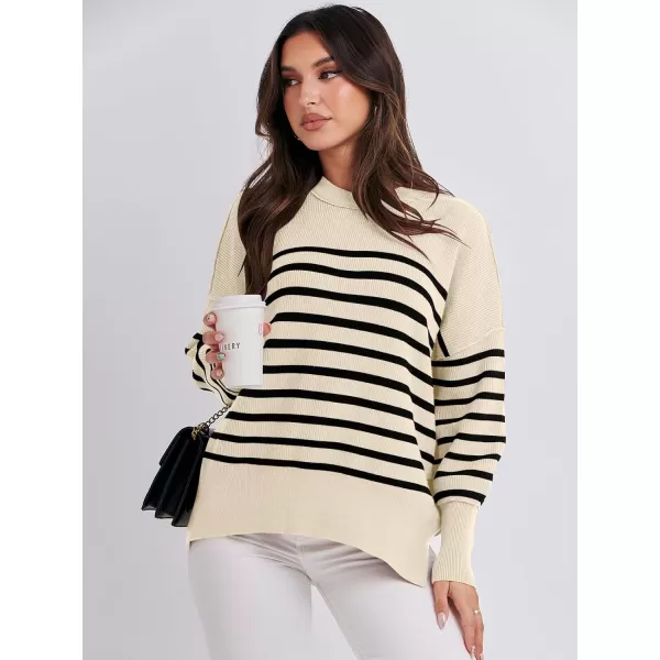 imageANRABESS Oversized Sweaters for Women Fall 2023 Crewneck Batwing Long Sleeve Side Slit Knit Pullover Sweater Tops JumperBeige Stripe Black