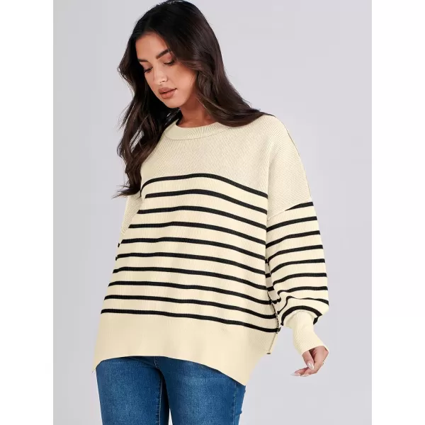 imageANRABESS Oversized Sweaters for Women Fall 2023 Crewneck Batwing Long Sleeve Side Slit Knit Pullover Sweater Tops JumperBeige Stripe Black
