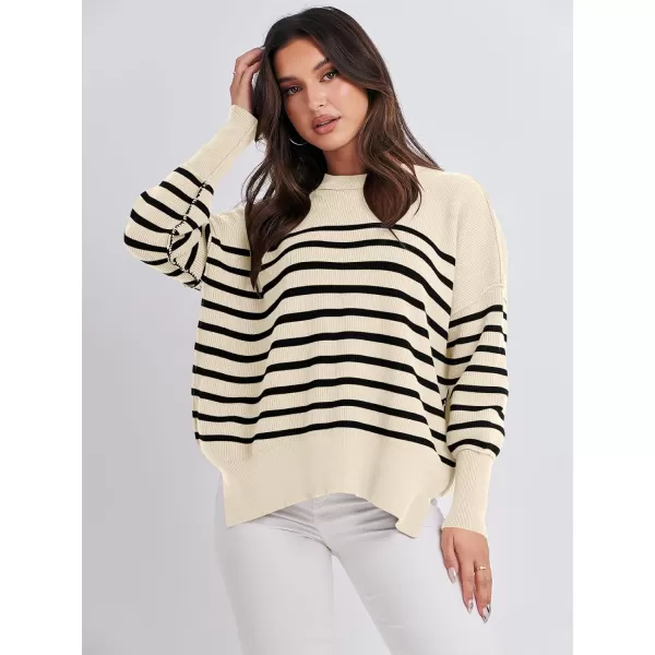 imageANRABESS Oversized Sweaters for Women Fall 2023 Crewneck Batwing Long Sleeve Side Slit Knit Pullover Sweater Tops JumperBeige Stripe Black